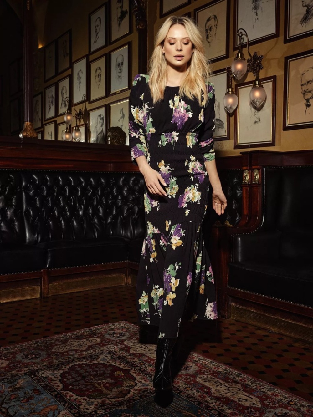 ByTimo Smocked Black Floral Long Dress size M